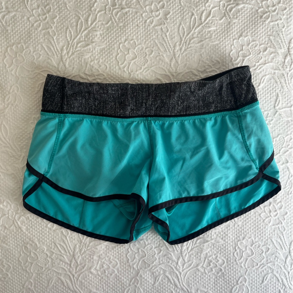 Lululemon turquoise blue running shorts size 6 black white accents